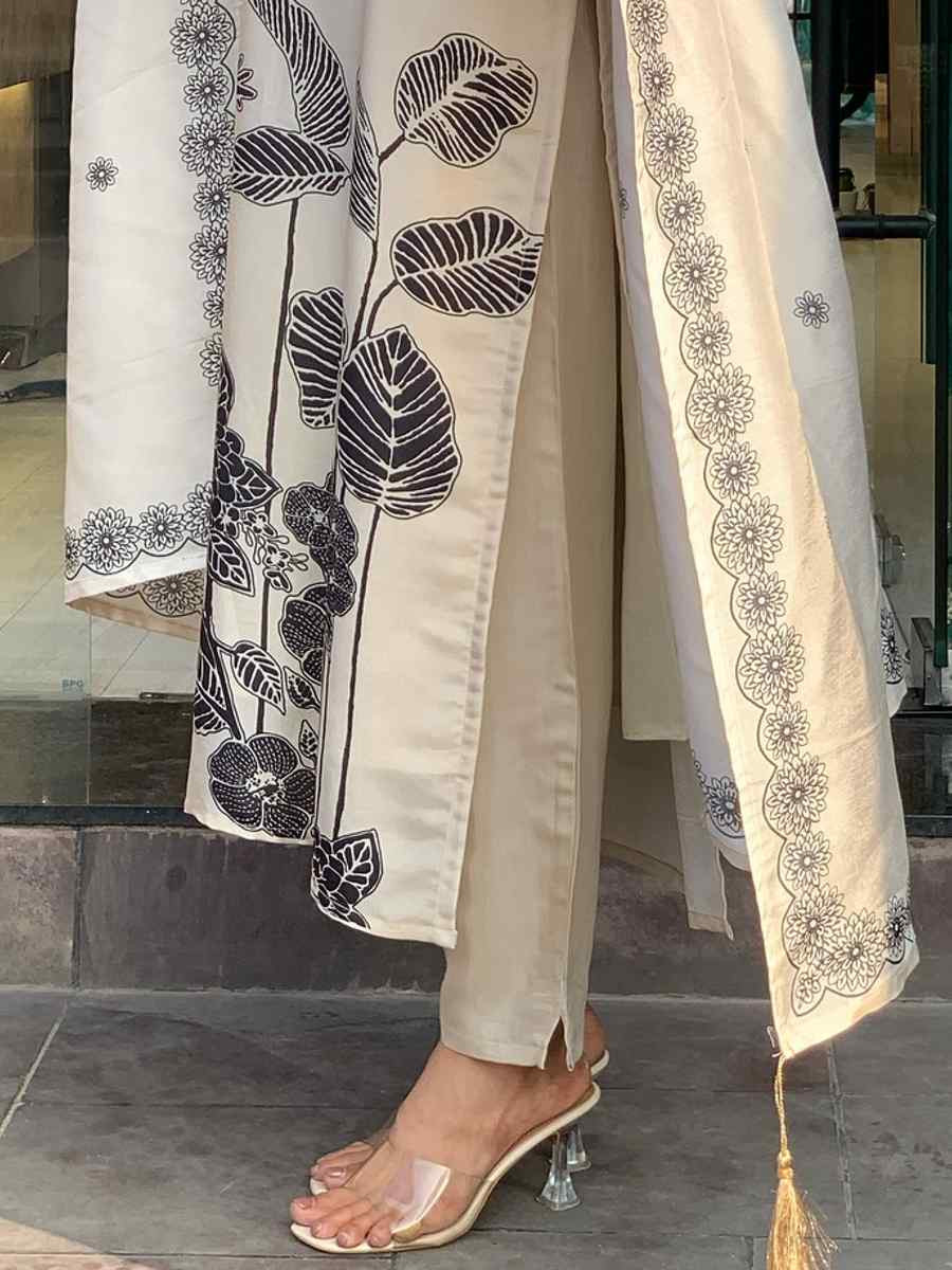 Cream Chinon Silk Embroidered Party Wedding Ready Pant Salwar Kameez