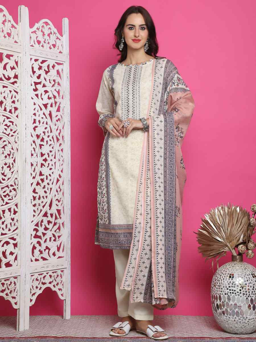 Cream Cotton Embroidered Casual Festival Pant Salwar Kameez