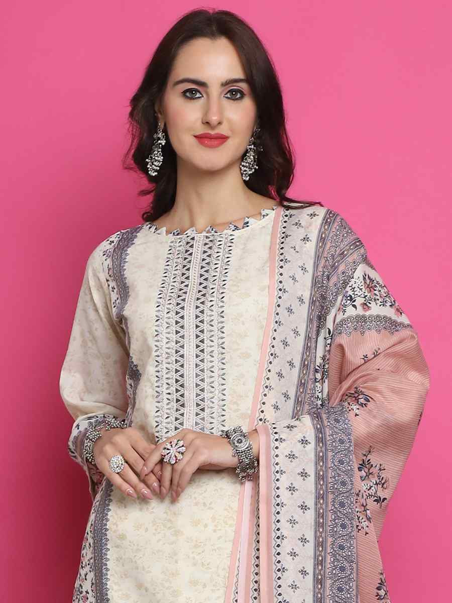 Cream Cotton Embroidered Casual Festival Pant Salwar Kameez