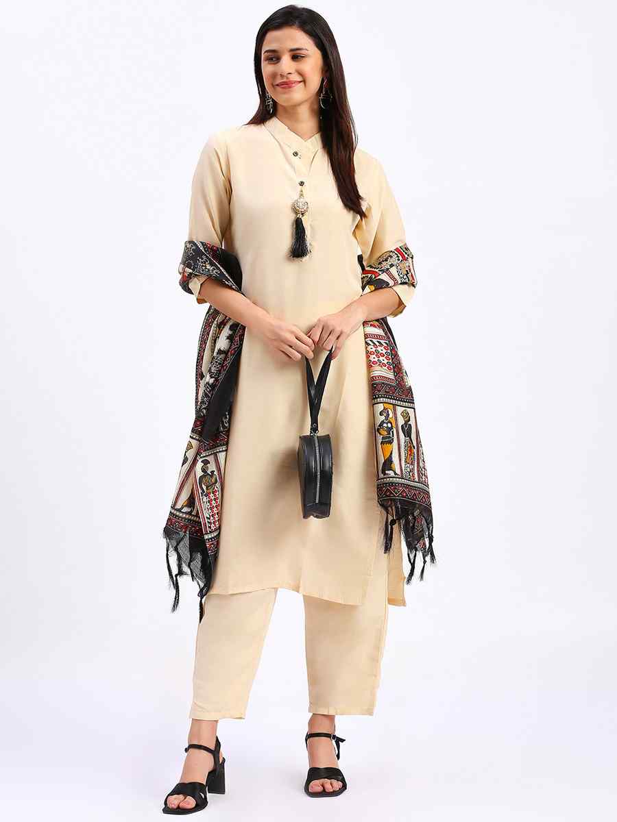 Cream Cotton Printed Festival Casual Ready Pant Salwar Kameez