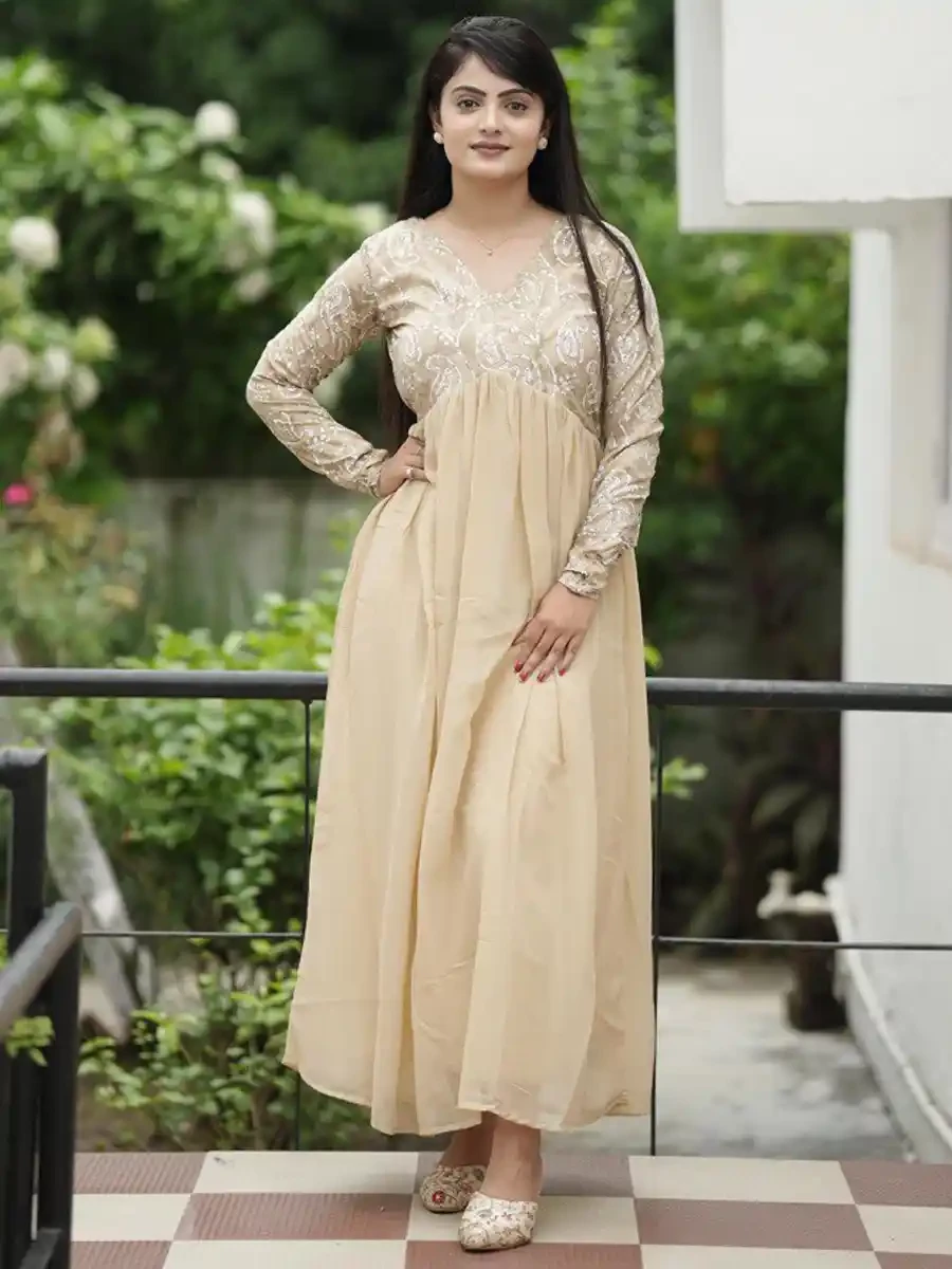 Cream Crepe Georgette Embroidered Festival Casual Gown