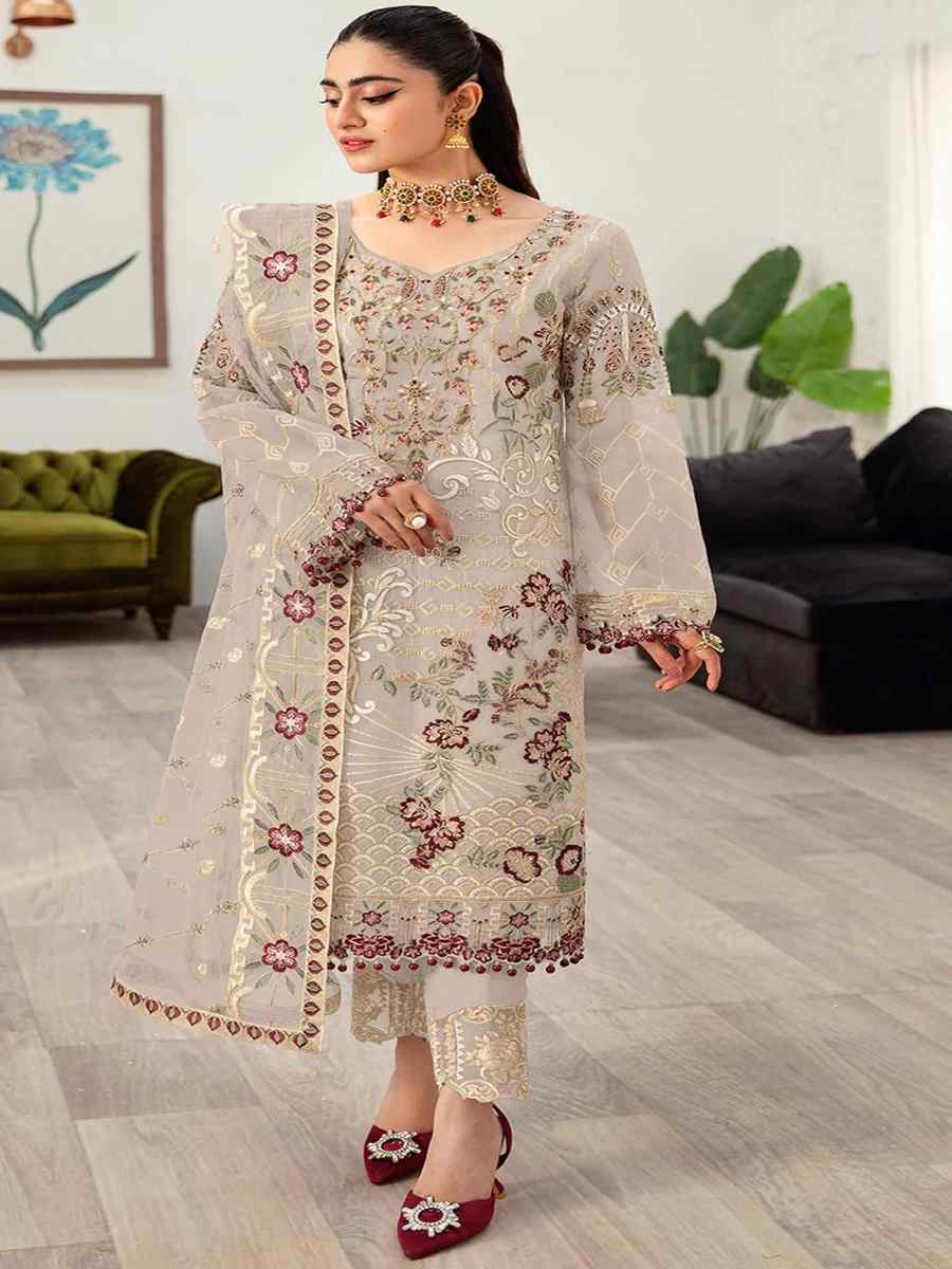 Cream Faux Georgette Embroidered Festival Mehendi Pant Salwar Kameez