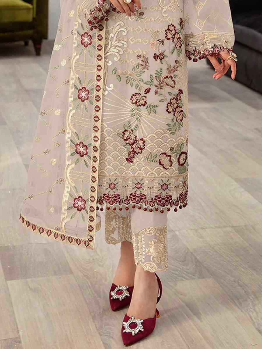 Cream Faux Georgette Embroidered Festival Mehendi Pant Salwar Kameez