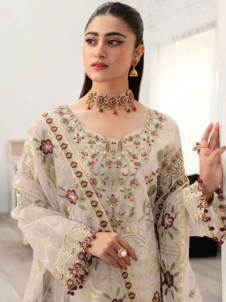 Cream Faux Georgette Embroidered Festival Mehendi Pant Salwar Kameez