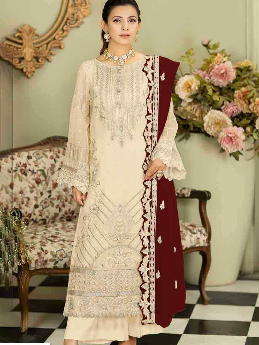 Cream Faux Georgette Embroidered Festival Wedding Palazzo Pant Salwar Kameez