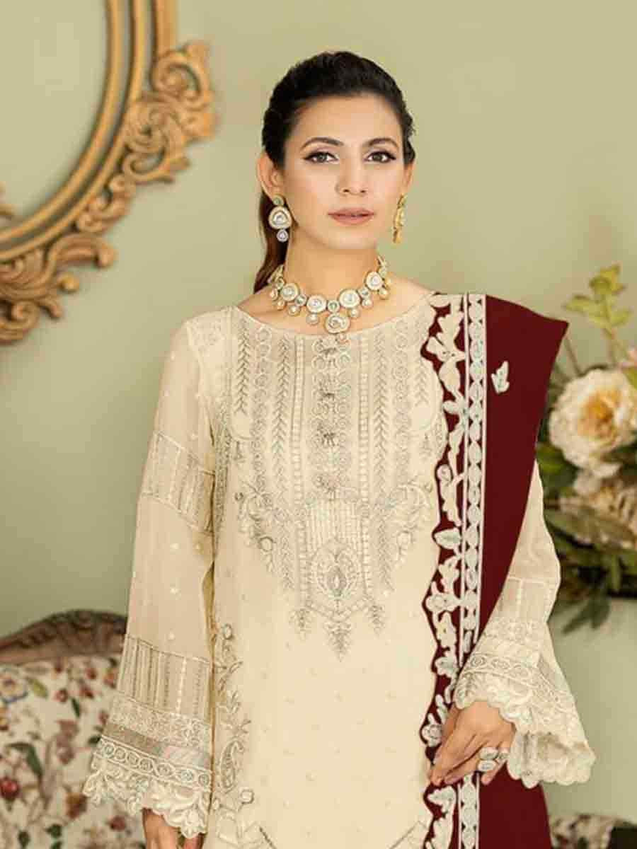 Cream Faux Georgette Embroidered Festival Wedding Palazzo Pant Salwar Kameez