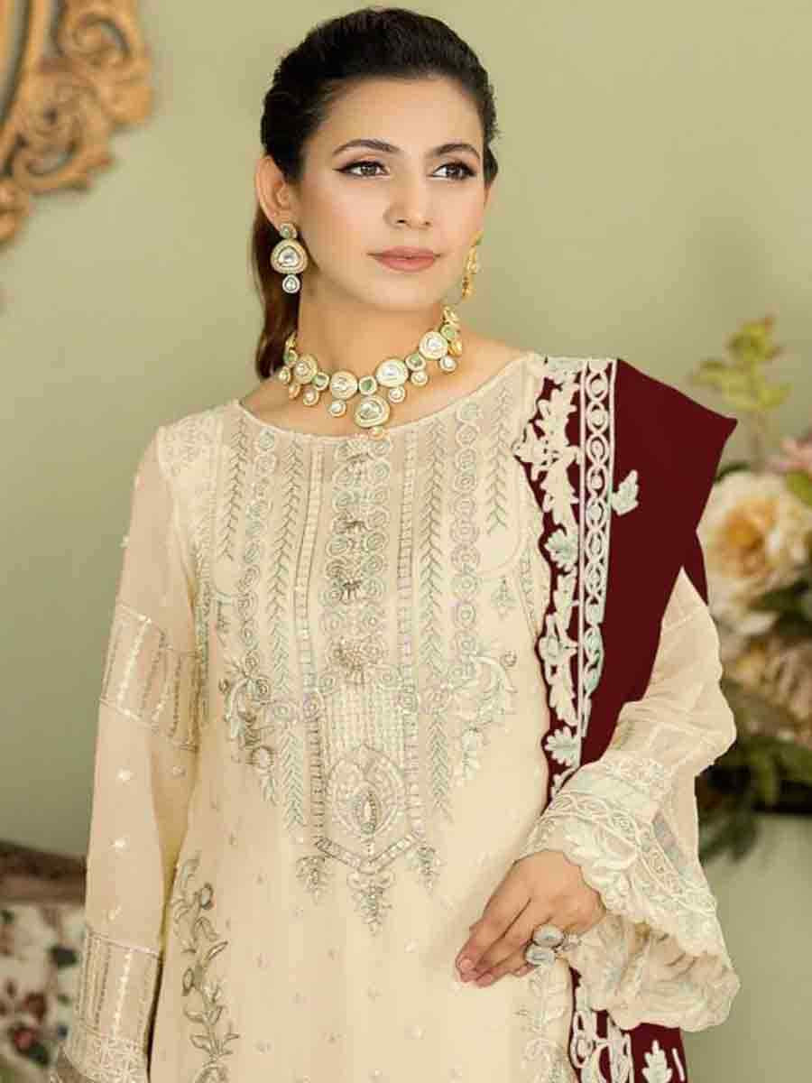 Cream Faux Georgette Embroidered Festival Wedding Palazzo Pant Salwar Kameez