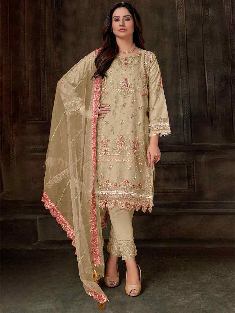 Cream Georgette Embroidered Festival Casual Pant Salwar Kameez