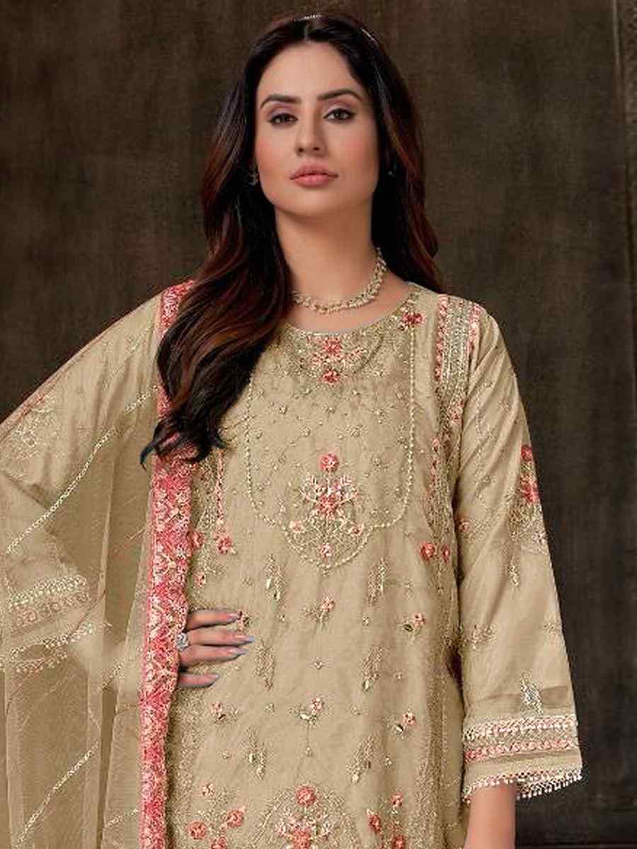 Cream Georgette Embroidered Festival Casual Pant Salwar Kameez