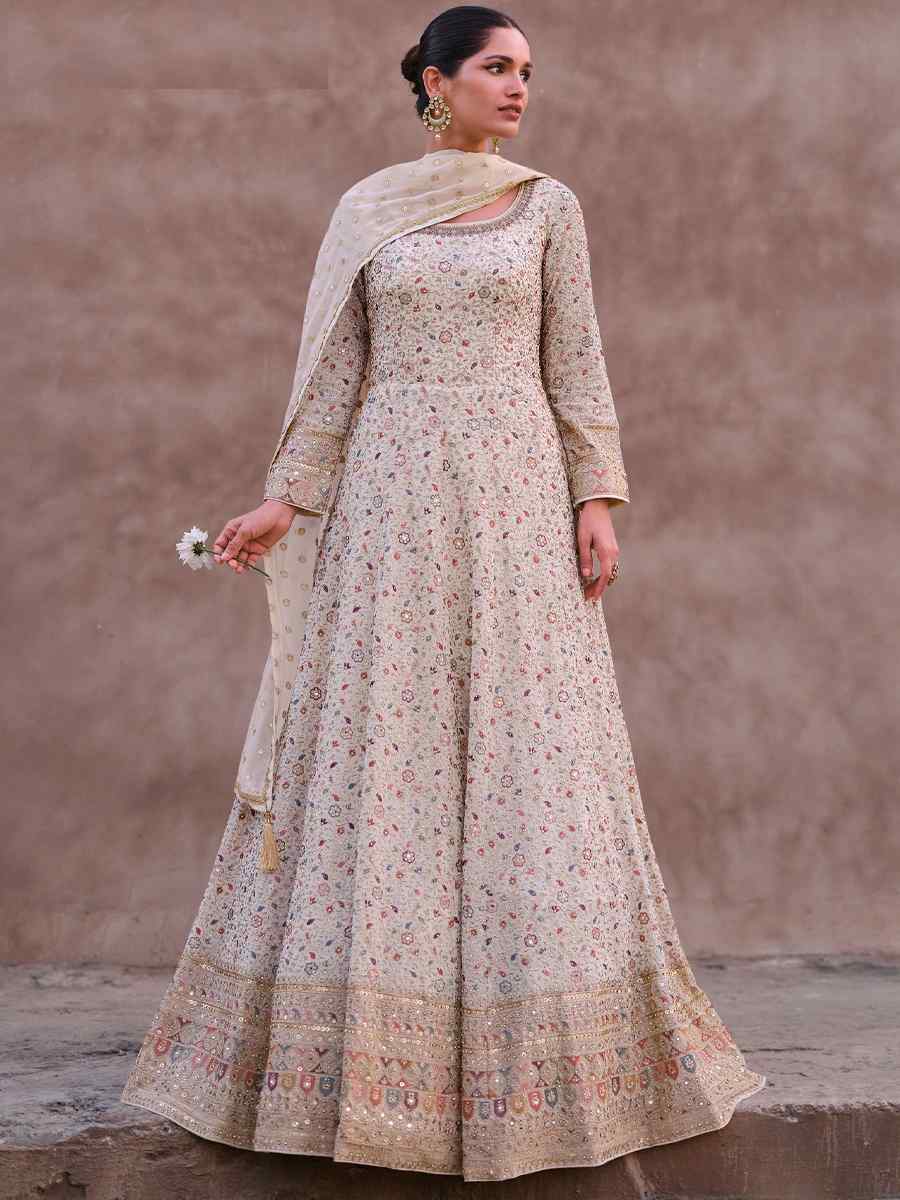 Cream Georgette Embroidered Festival Wedding Anarkali Salwar Kameez