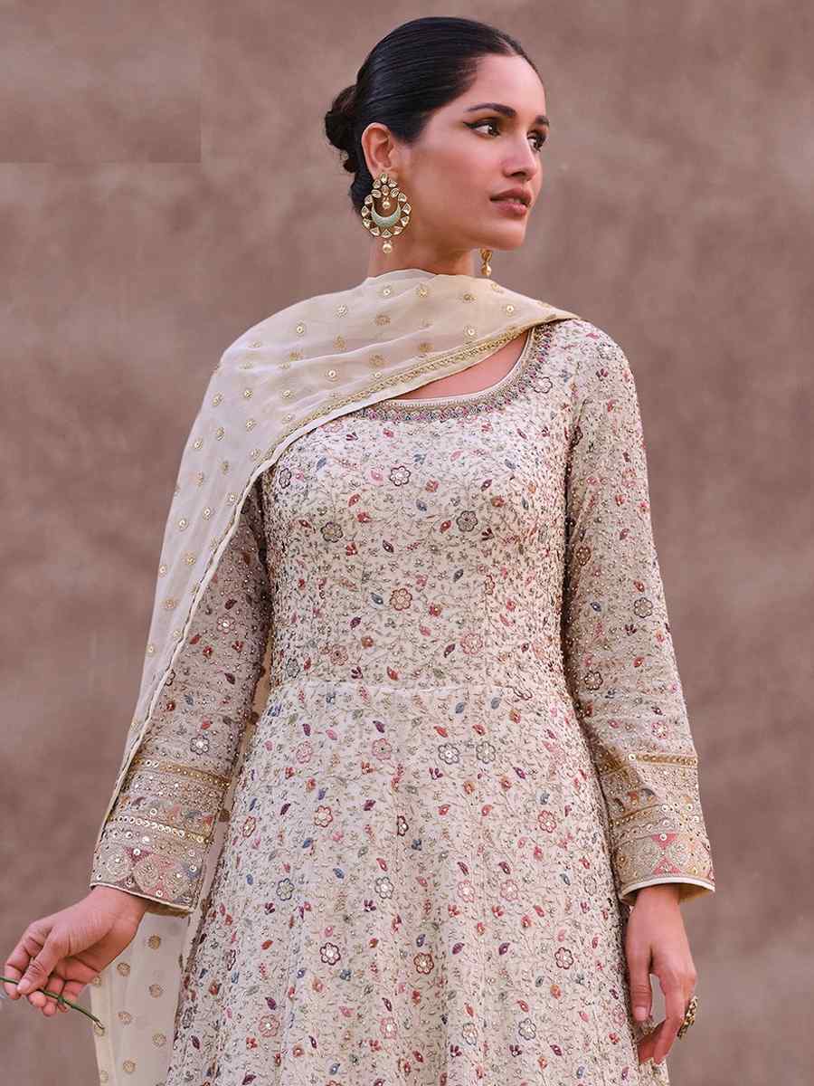 Cream Georgette Embroidered Festival Wedding Anarkali Salwar Kameez