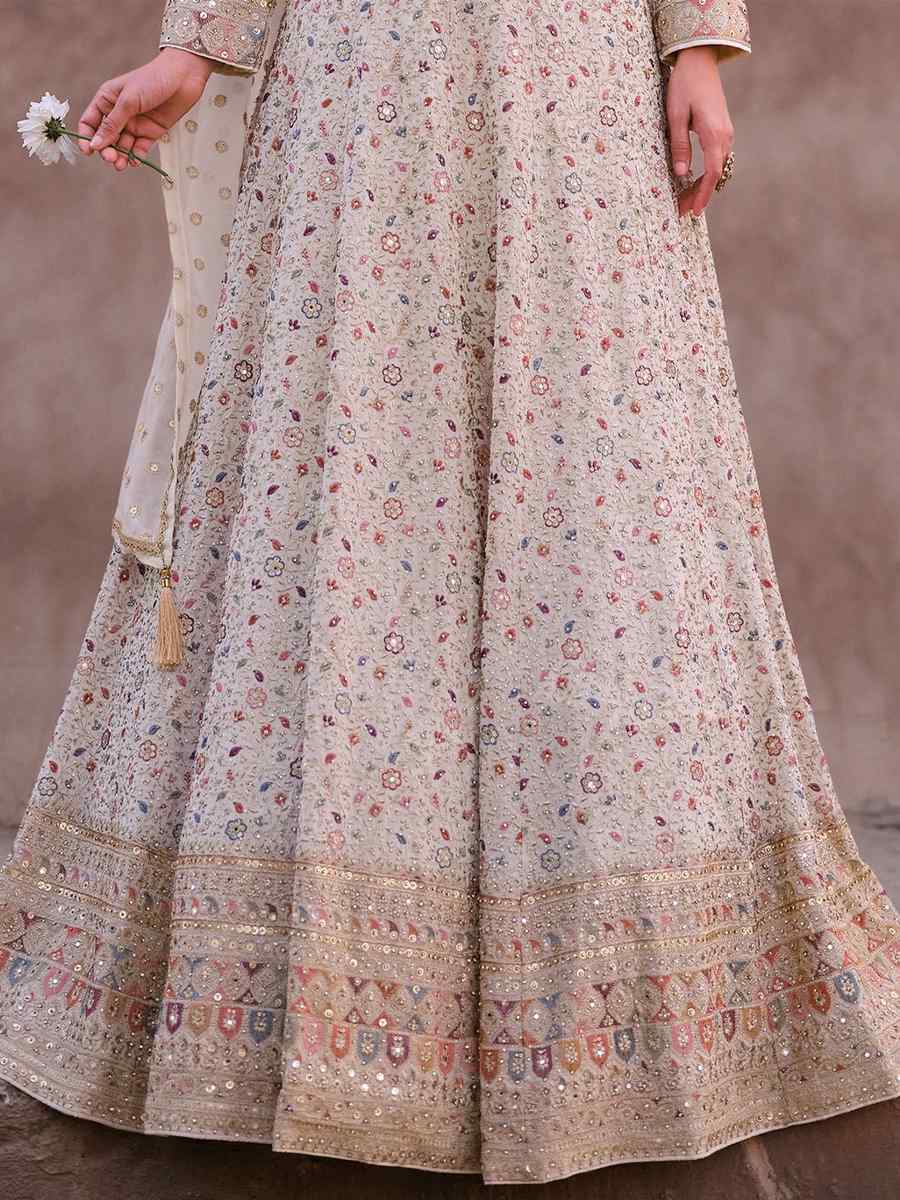 Cream Georgette Embroidered Festival Wedding Anarkali Salwar Kameez