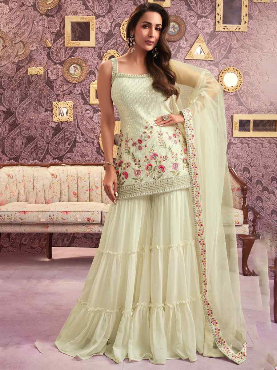 Cream Georgette Embroidered Festival Wedding Ready Sharara Pant Salwar Kameez