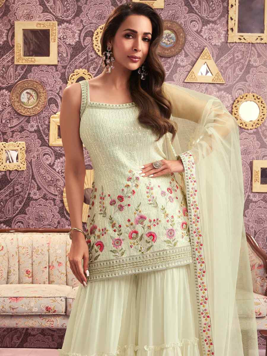 Cream Georgette Embroidered Festival Wedding Ready Sharara Pant Salwar Kameez