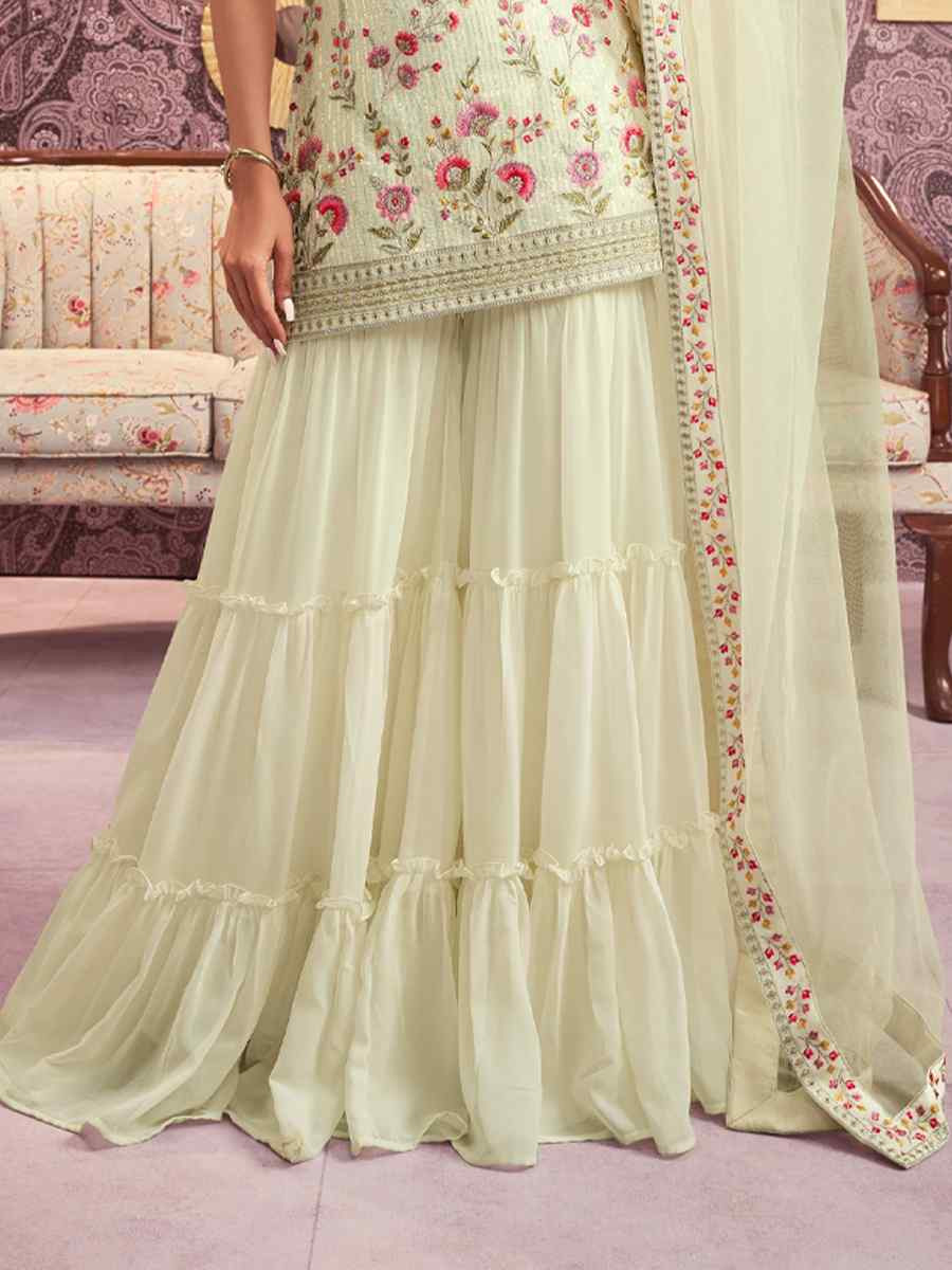 Cream Georgette Embroidered Festival Wedding Ready Sharara Pant Salwar Kameez