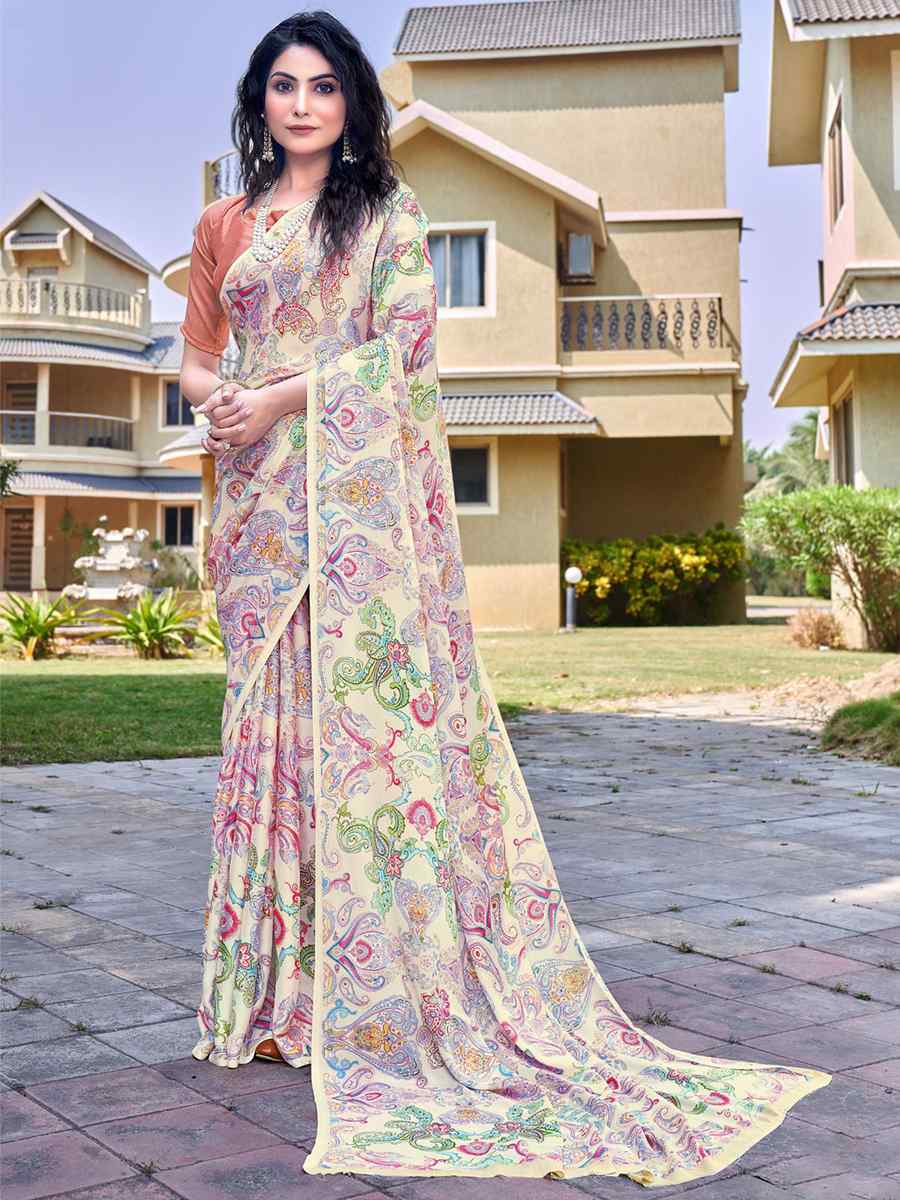 Cream Georgette Printed Casual Festival Contemporary Saree