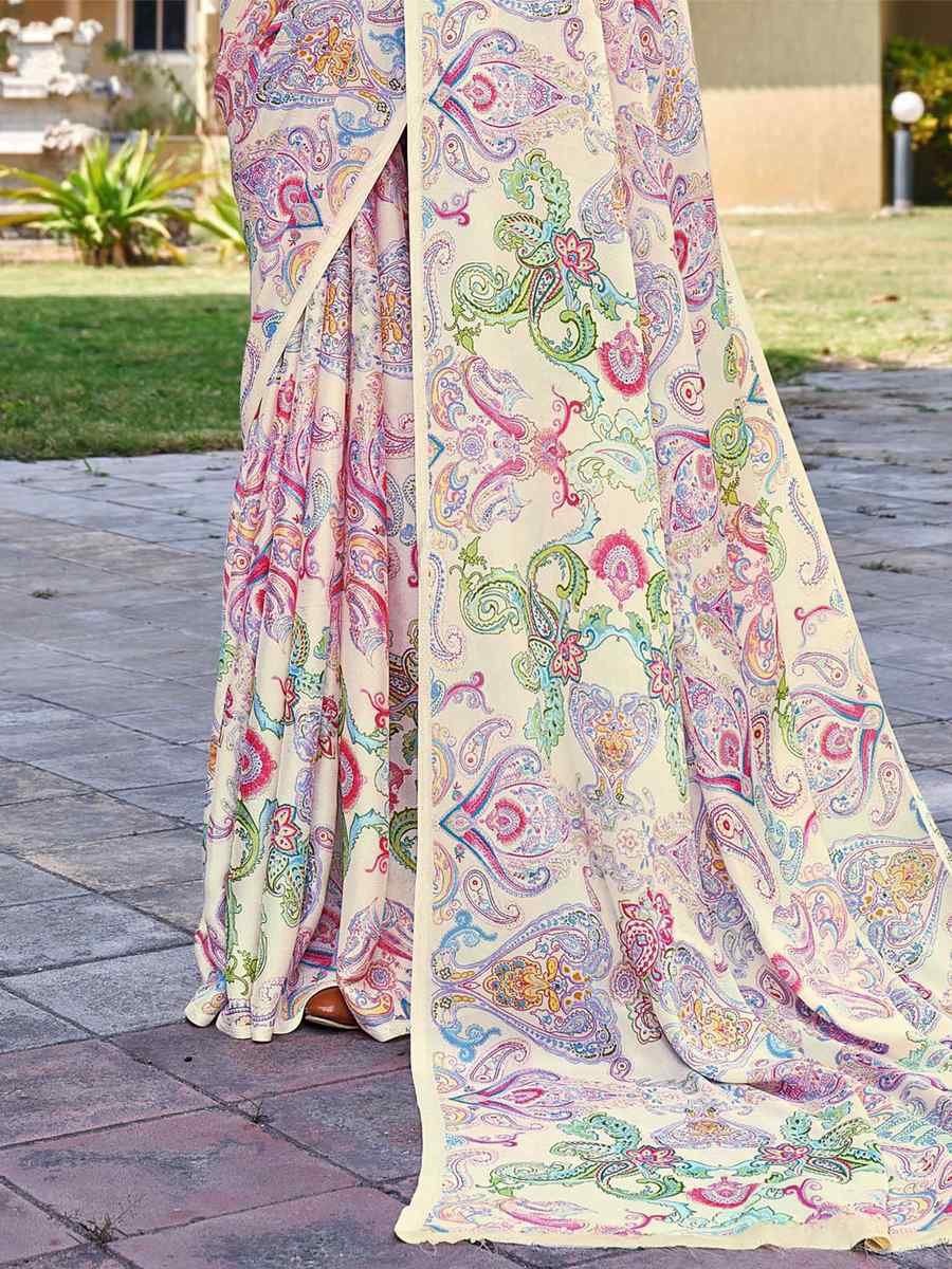 Cream Georgette Printed Casual Festival Contemporary Saree