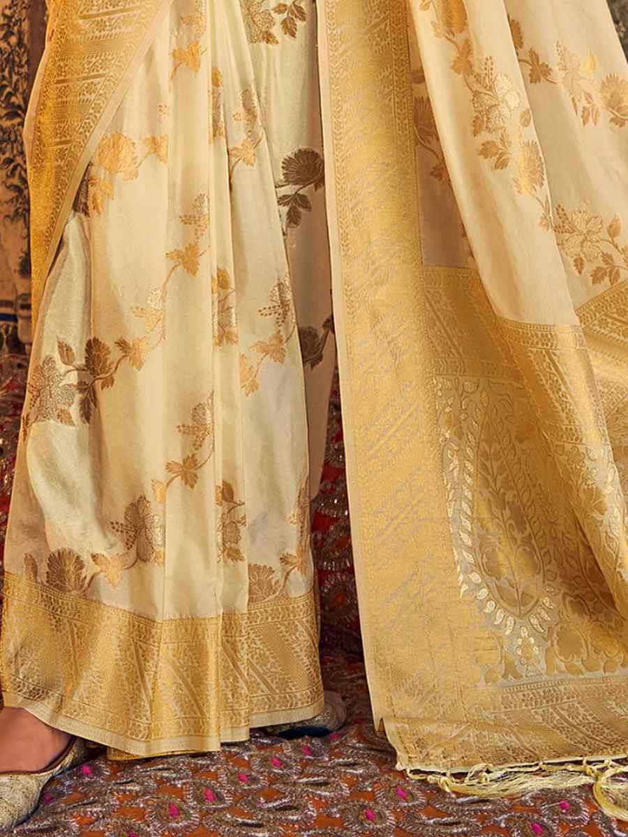 Cream Georgette Silk Handwoven Festival Wedding Heavy Border Saree