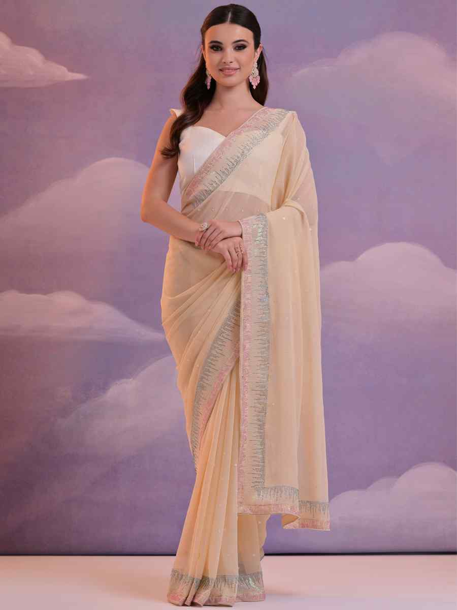 Cream GeorgetteEmbroidered Party Reception Heavy Border Saree