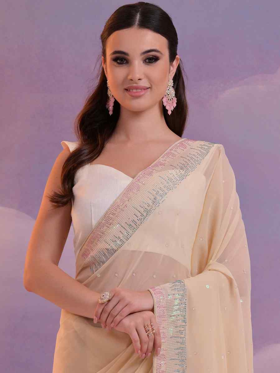 Cream GeorgetteEmbroidered Party Reception Heavy Border Saree