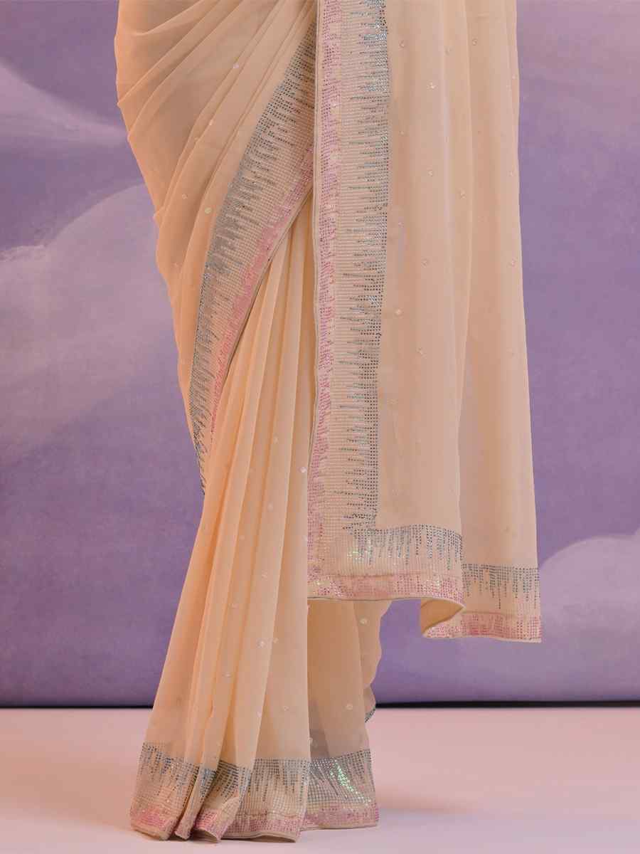 Cream GeorgetteEmbroidered Party Reception Heavy Border Saree