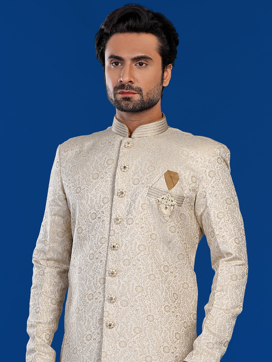 Cream Gold Jacquard Silk Brocade Embroidered Party Wedding Kurta