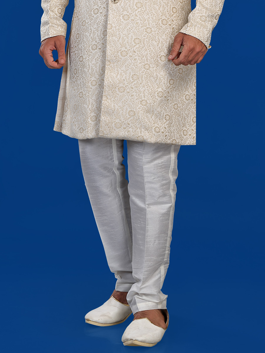 Cream Gold Jacquard Silk Brocade Embroidered Party Wedding Kurta