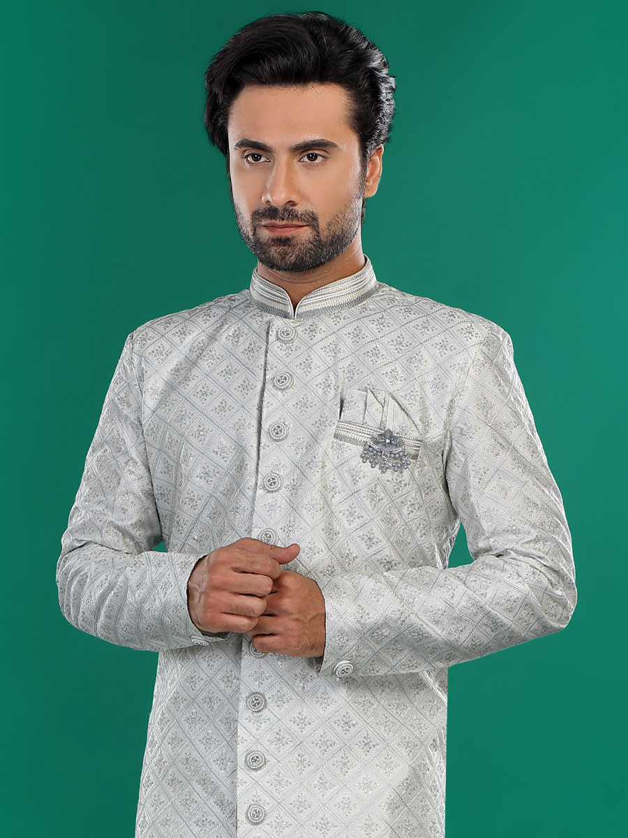 Cream Grey Art Silk Embroidered Party Wedding Kurta