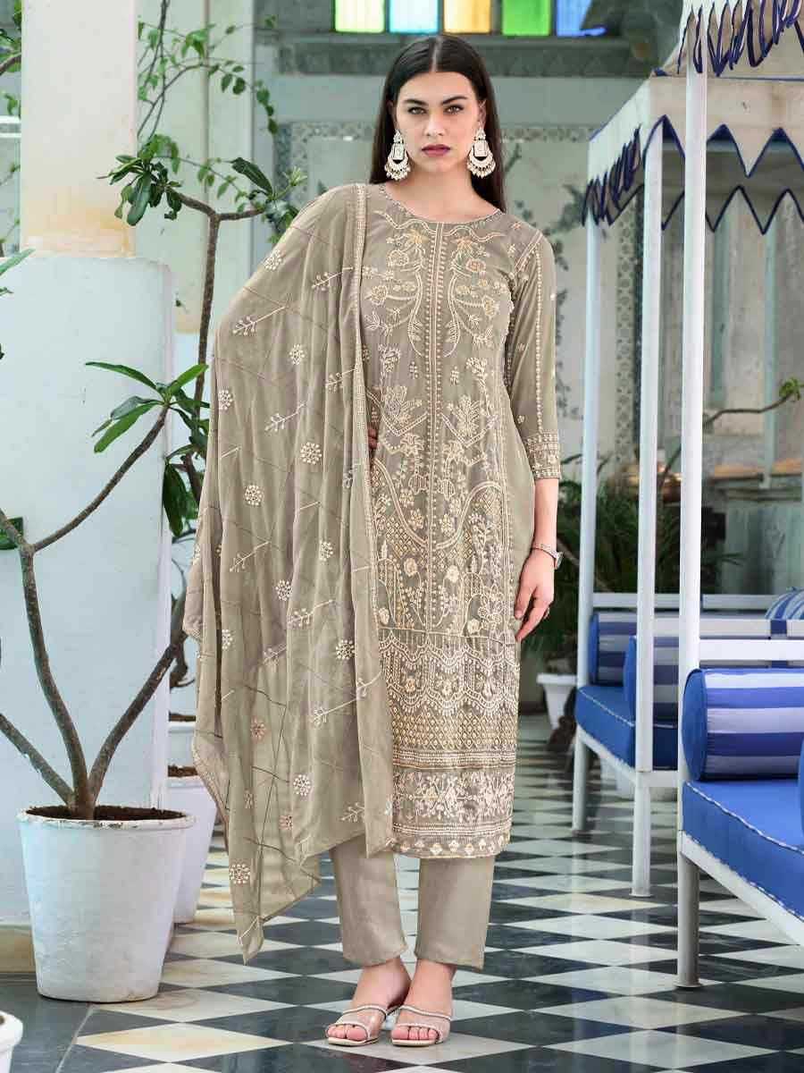 Cream Grey Faux Georgette Embroidered Festival Wedding Pant Ready Salwar Kameez