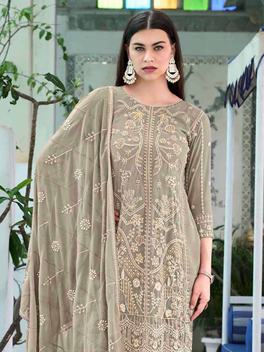 Cream Grey Faux Georgette Embroidered Festival Wedding Pant Ready Salwar Kameez