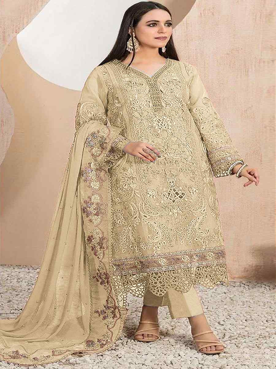 Cream Heavy Organza Embroidered Festival Casual Pant Salwar Kameez