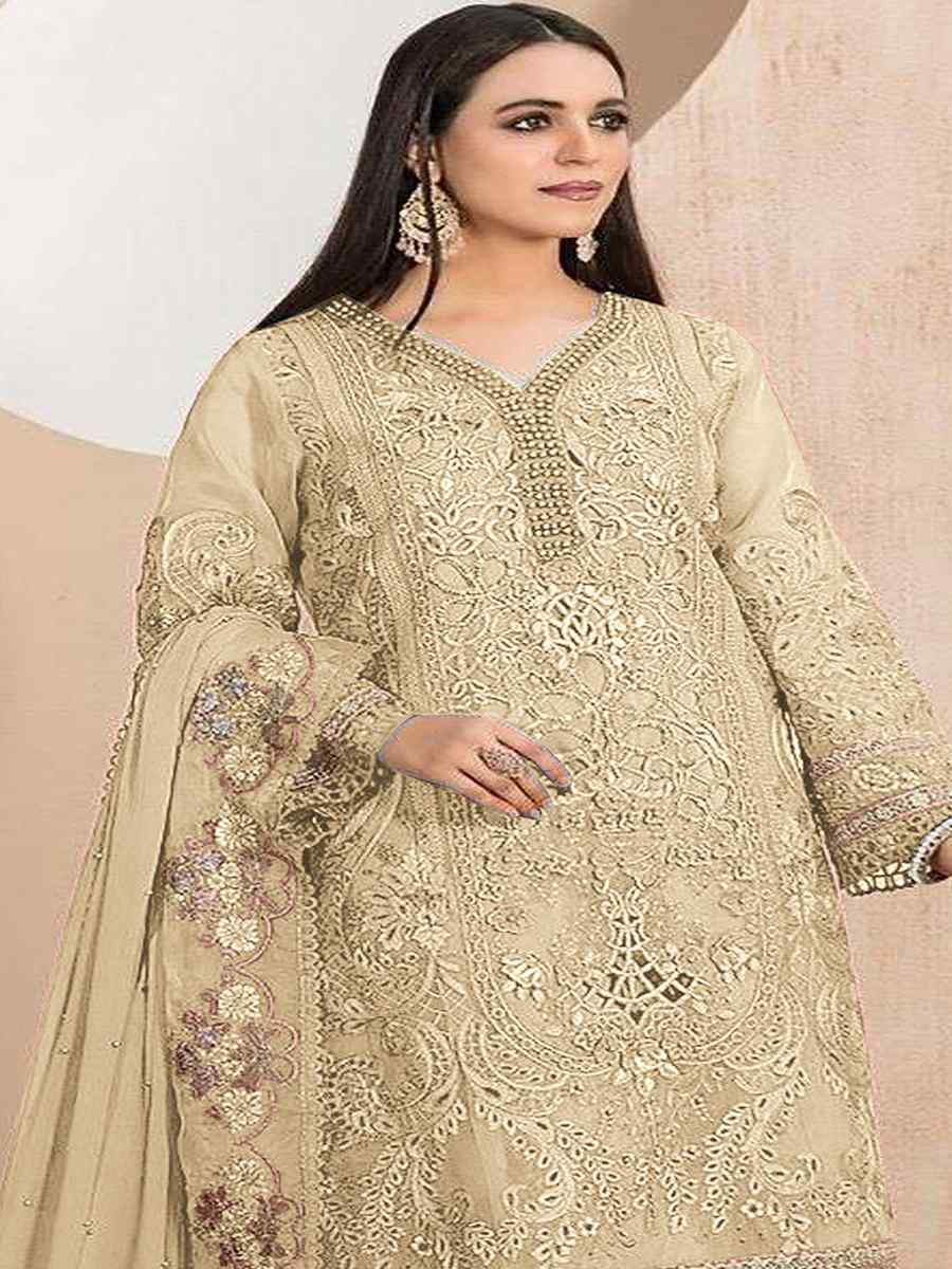 Cream Heavy Organza Embroidered Festival Casual Pant Salwar Kameez