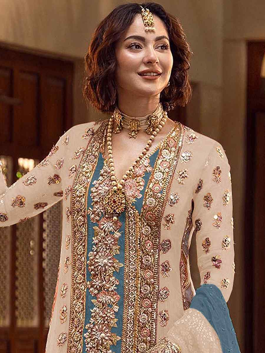 Cream Heavy Organza Embroidered Festival Wedding Palazzo Pant Salwar Kameez