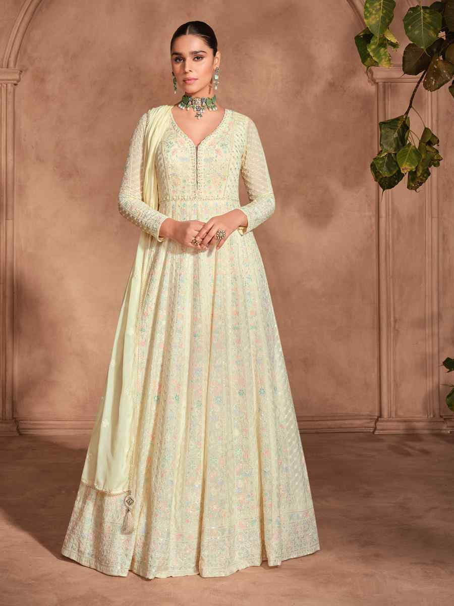 Cream Heavy Real Georgette  Embroidered Festival Casual Gown