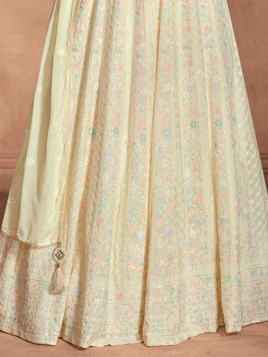 Cream Heavy Real Georgette  Embroidered Festival Casual Gown