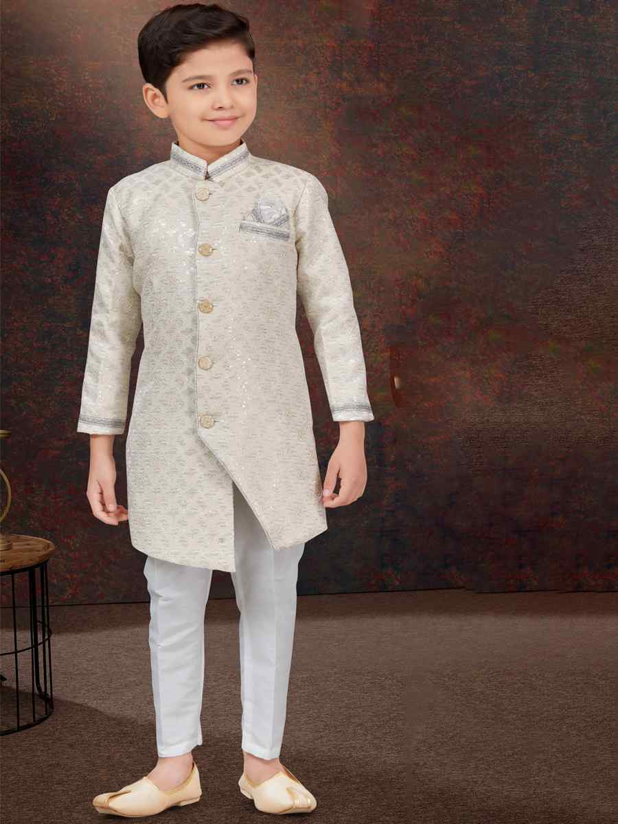 Cream Jacquard Embroidered Festival Wedding Kurta Pyjama Boys Wear