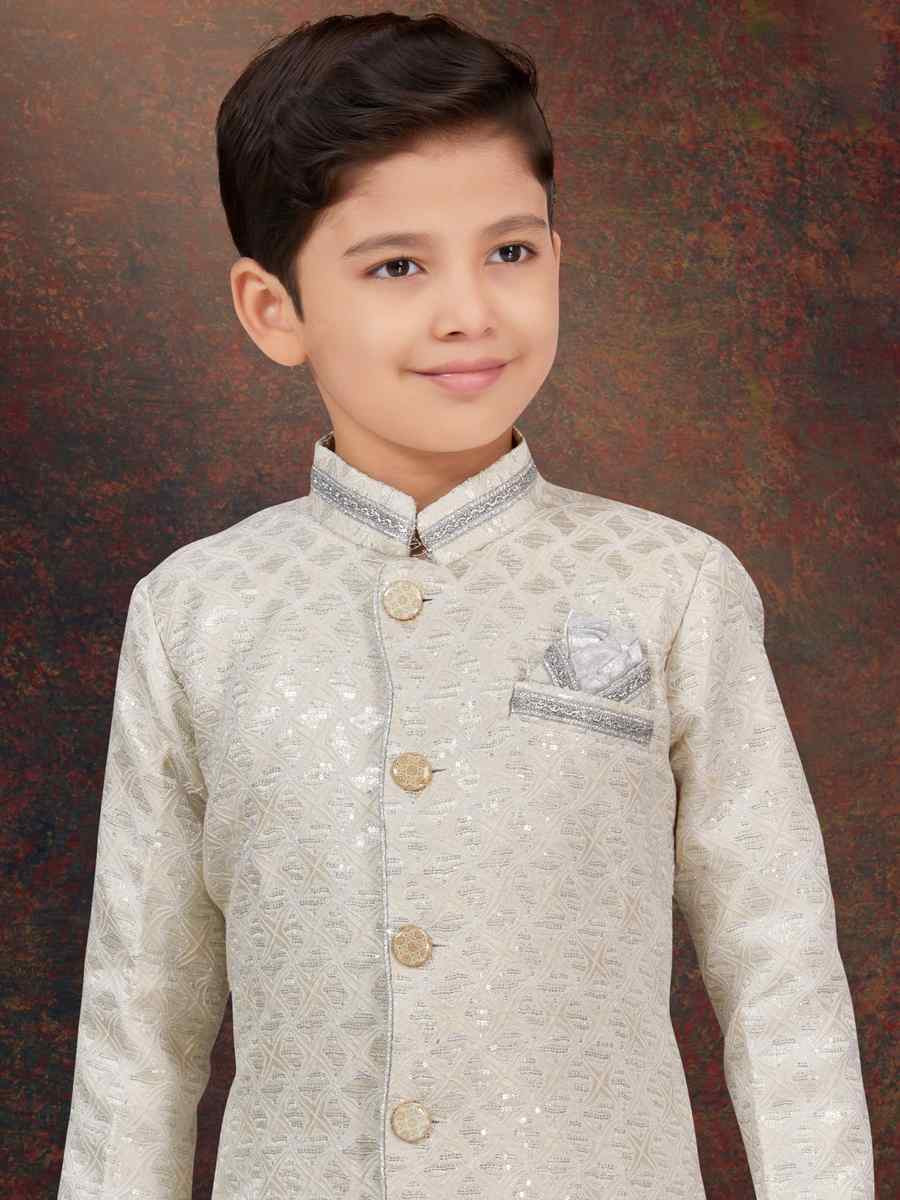 Cream Jacquard Embroidered Festival Wedding Kurta Pyjama Boys Wear