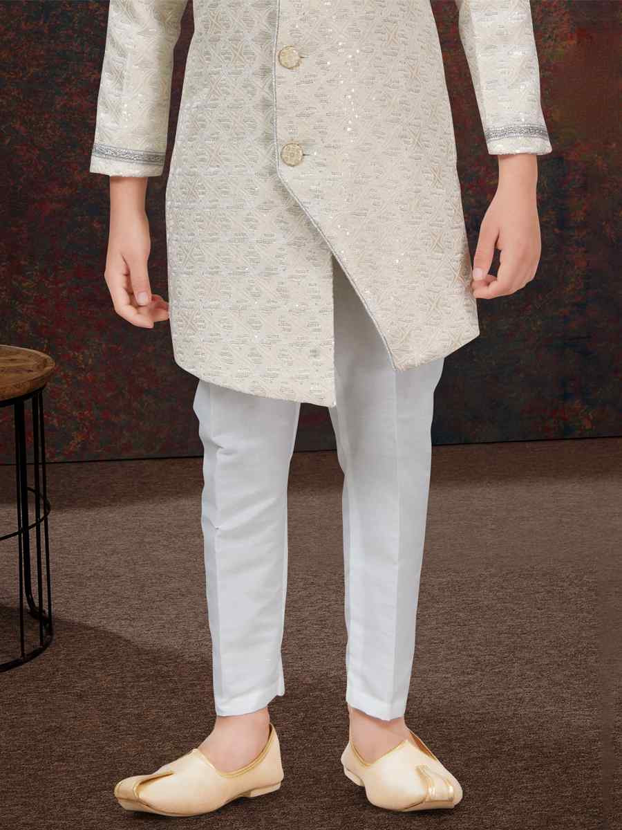 Cream Jacquard Embroidered Festival Wedding Kurta Pyjama Boys Wear