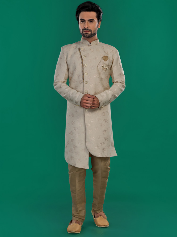 Cream Jacquard Silk Brocade Embroidered Party Wedding Kurta