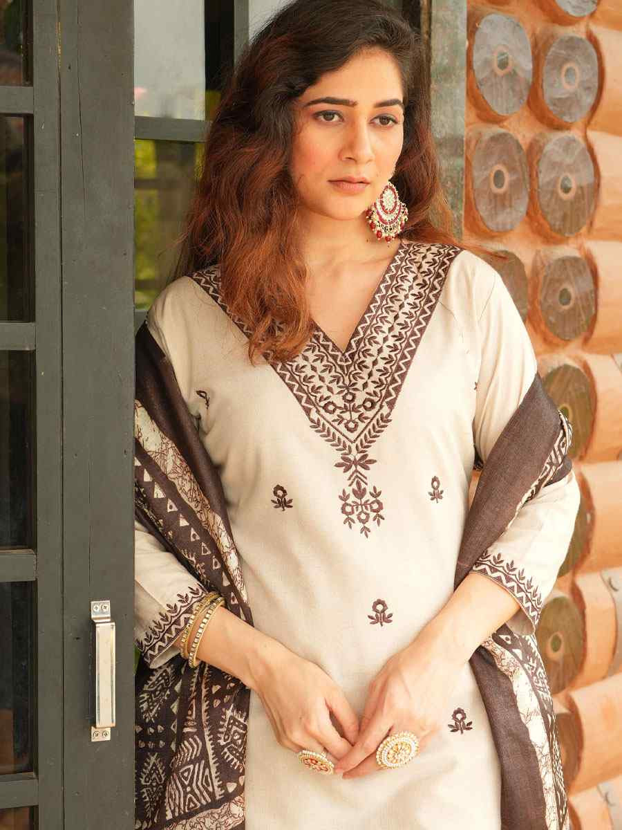 Cream Khadi Cotton Embroidered Festival Casual Pant Ready Salwar Kameez