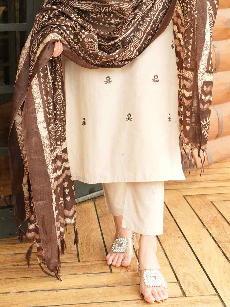 Cream Khadi Cotton Embroidered Festival Casual Pant Ready Salwar Kameez