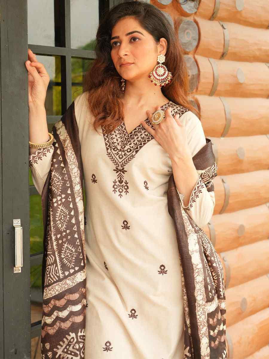 Cream Khadi Cotton Embroidered Festival Casual Pant Ready Salwar Kameez