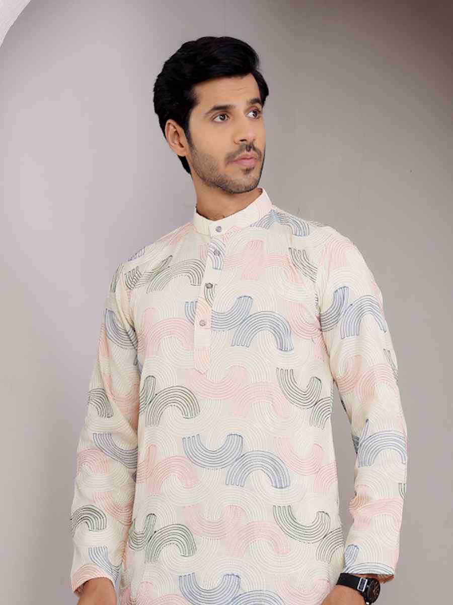 Cream Linen Embroidered Festival Casual Kurta