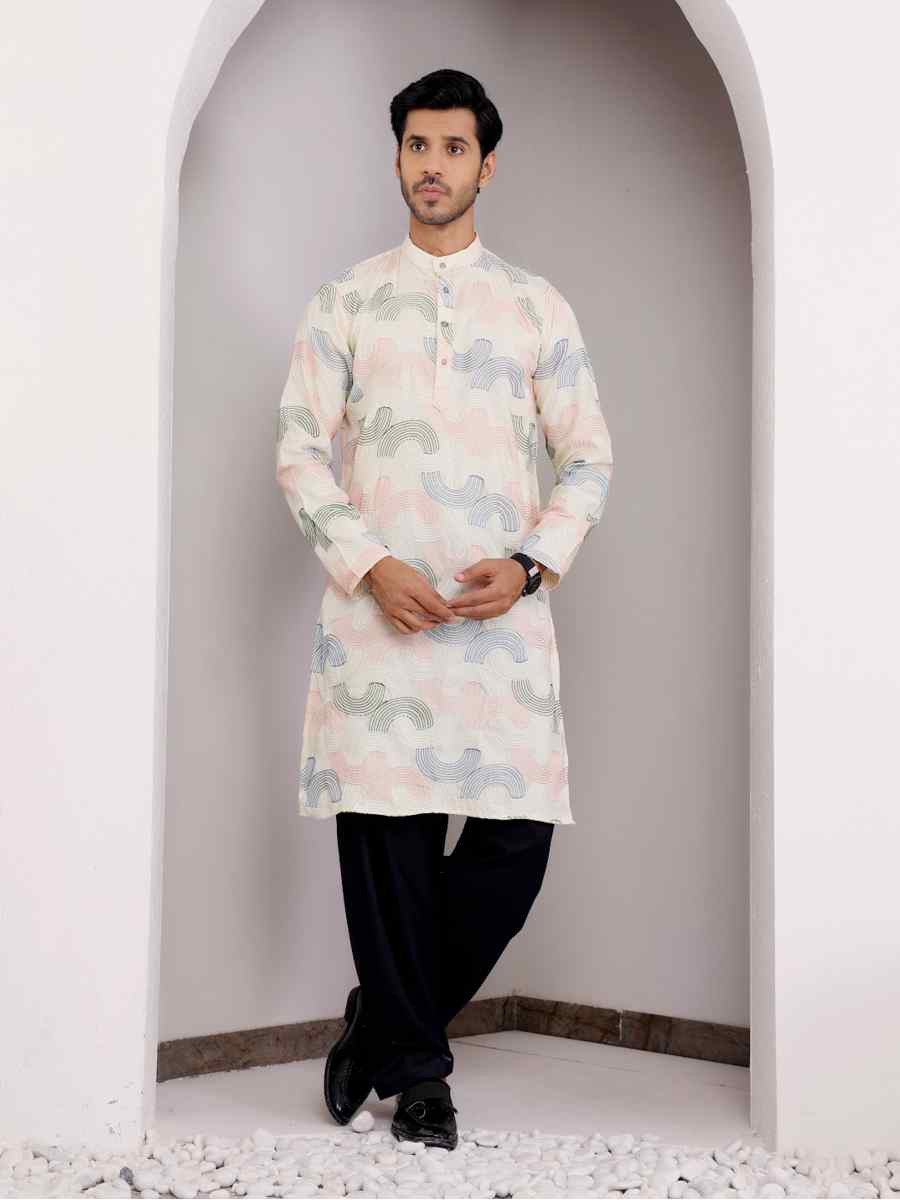 Cream Linen Embroidered Festival Casual Kurta