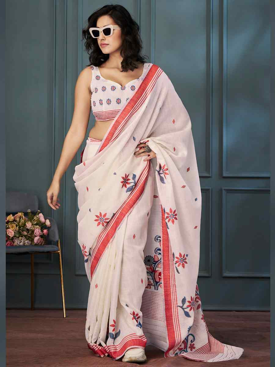 Cream Linen Handwoven Festival Casual Classic Style Saree