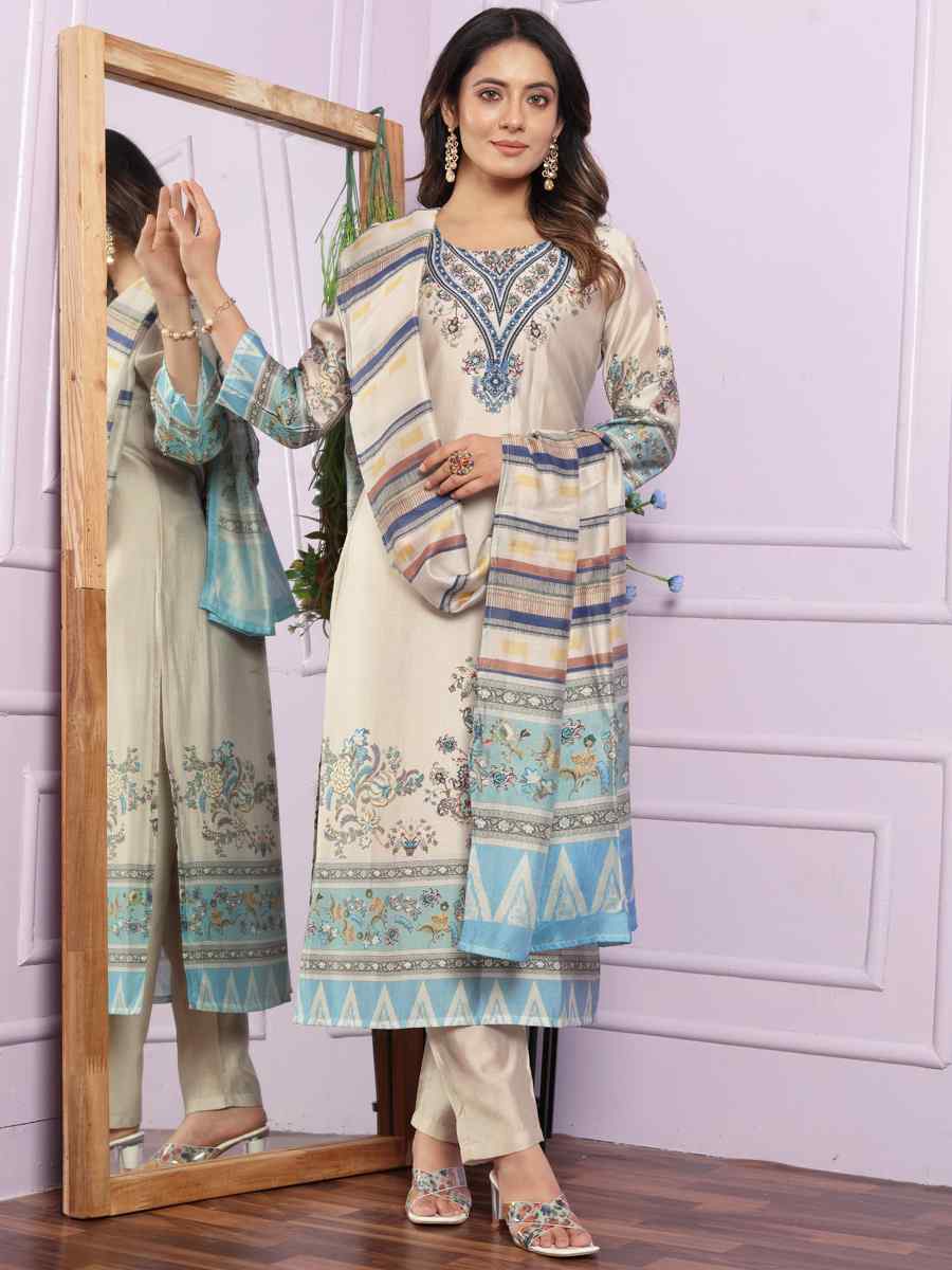 Cream Modal Silk Embroidered Festival Mehendi Ready Pant Salwar Kameez