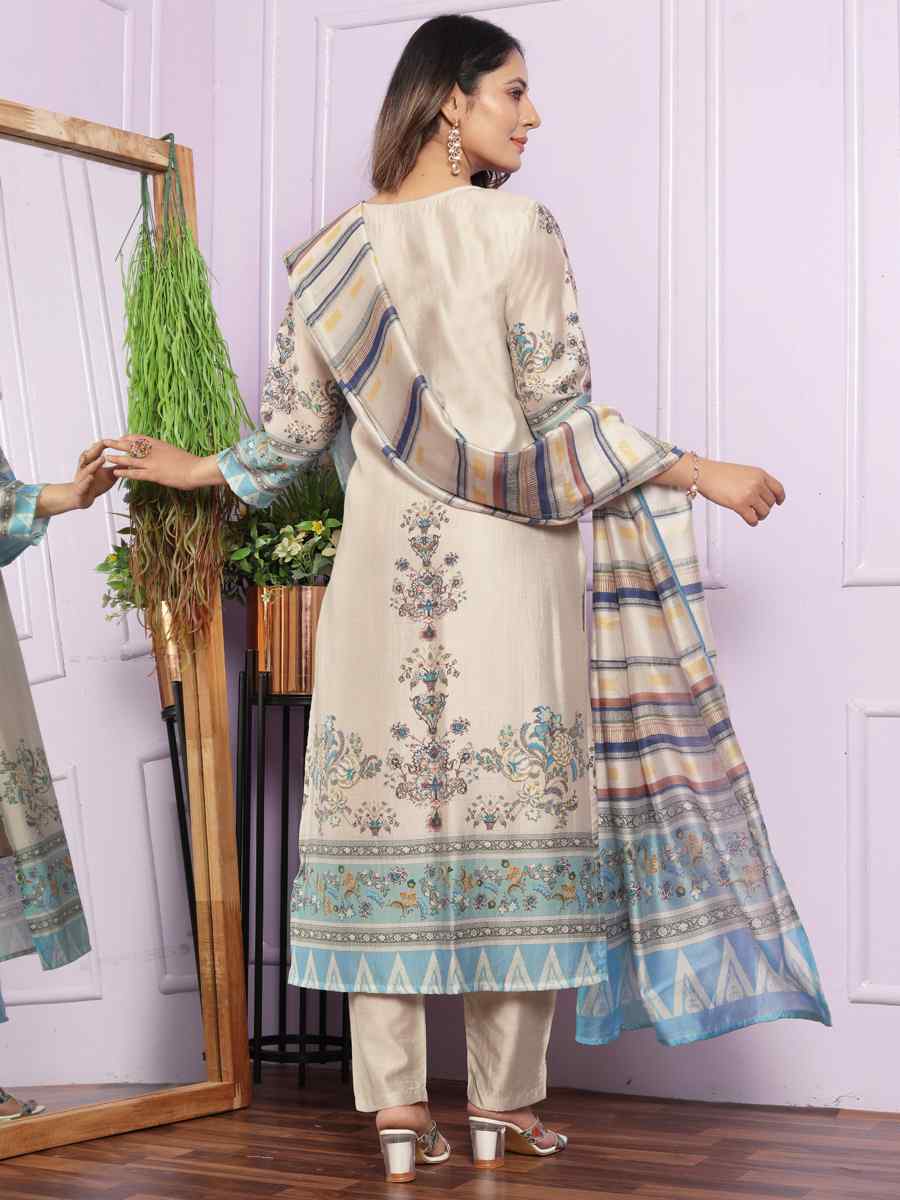 Cream Modal Silk Embroidered Festival Mehendi Ready Pant Salwar Kameez