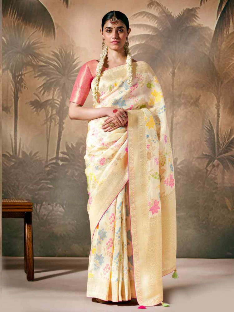 Cream Munga Silk Embroidered Reception Wedding Heavy Border Saree