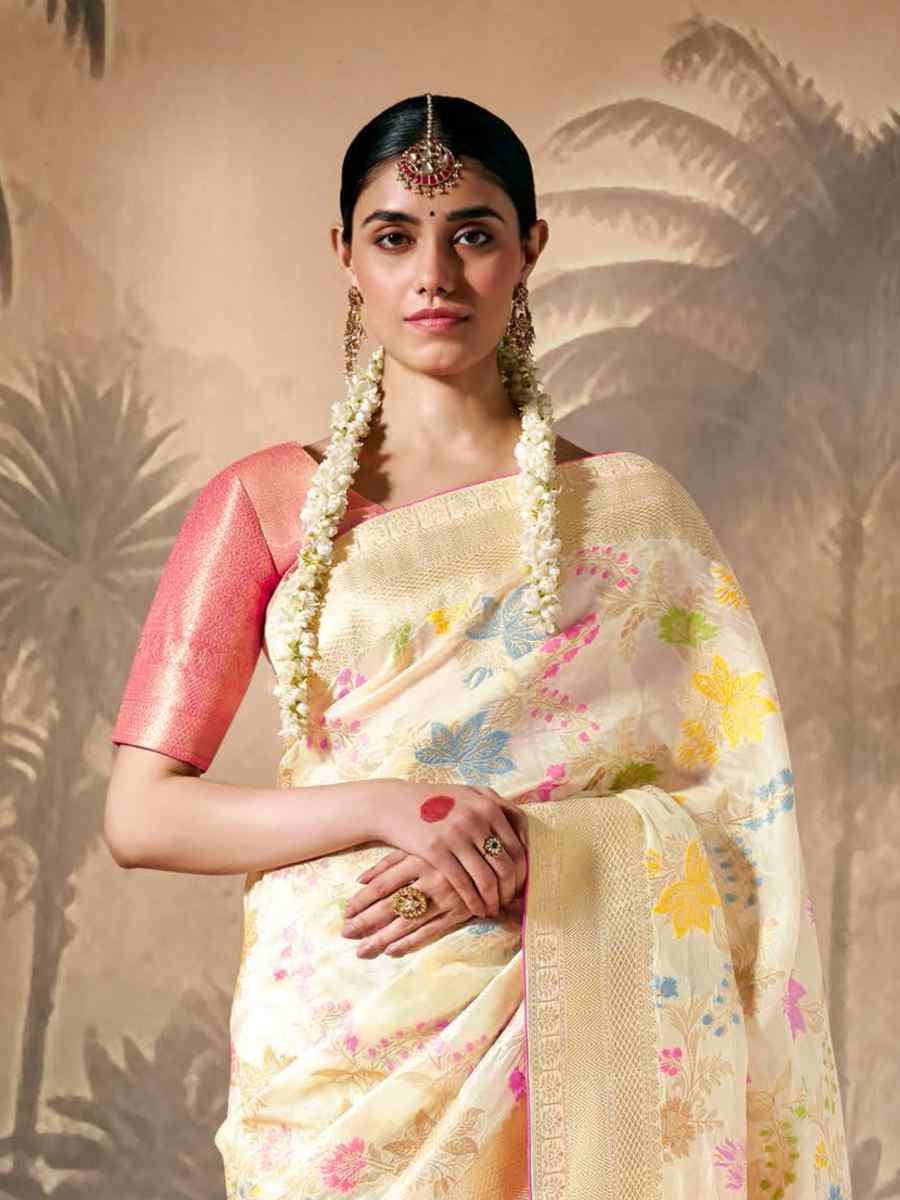 Cream Munga Silk Embroidered Reception Wedding Heavy Border Saree