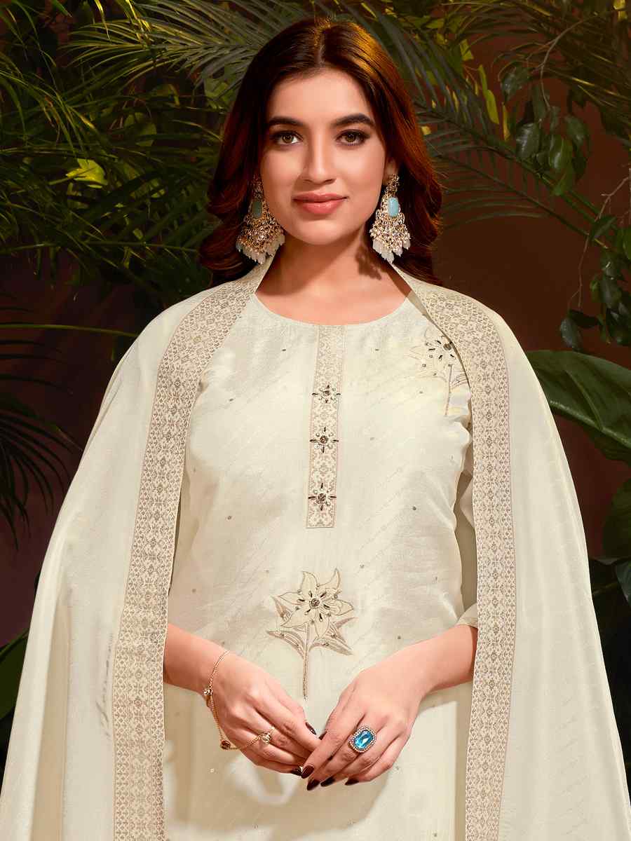 Cream Natural Viscose Embroidered Festival Mehendi Ready Pant Salwar Kameez